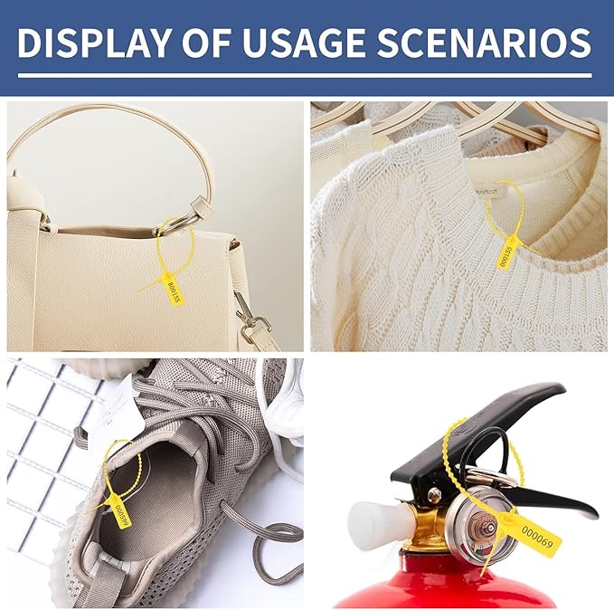 100Pcs Plastic Tamper Shipping Seals Pull-Tite Security Seal Signage Numbered Fire Extinguisher Tags Zip Ties Labels Disposable Self Locking for Logistics, Luggage,Transport (Yellow, 100pcs)