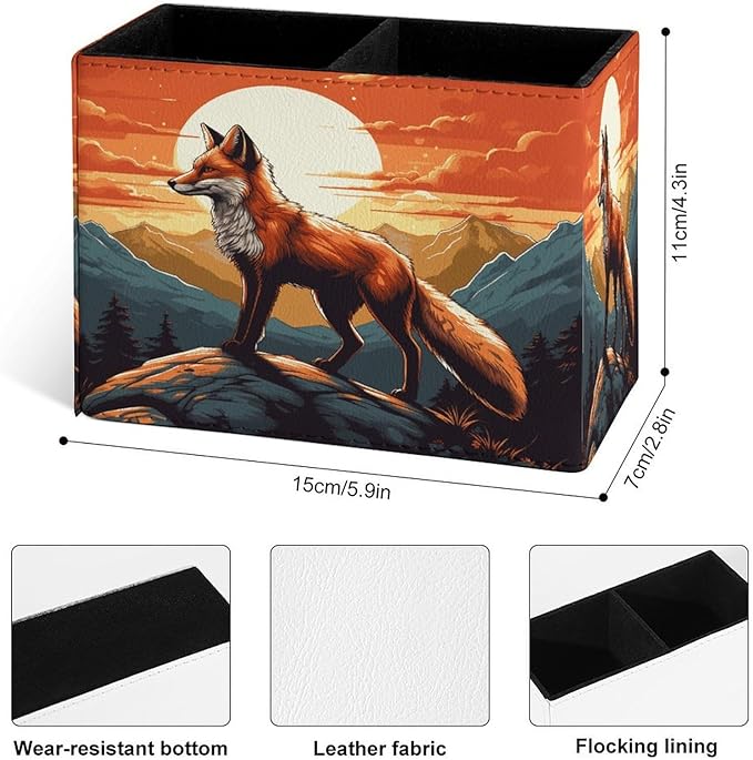 Famame Mountains Red Fox Sunset Pencil Holder for Desk, Leather Desktop Container Pen Cup Storage Study Table Pen Organizer Makeup Brush Holder for Classroom Office Home