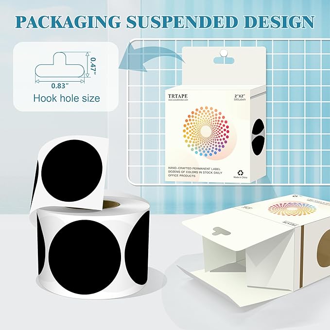 2 Inch Round Color Coding Labels (500 Count) - Black Dot Stickers Round Labels with Dispenser Box for Warehouse, Filing, Industrial, Office Organization