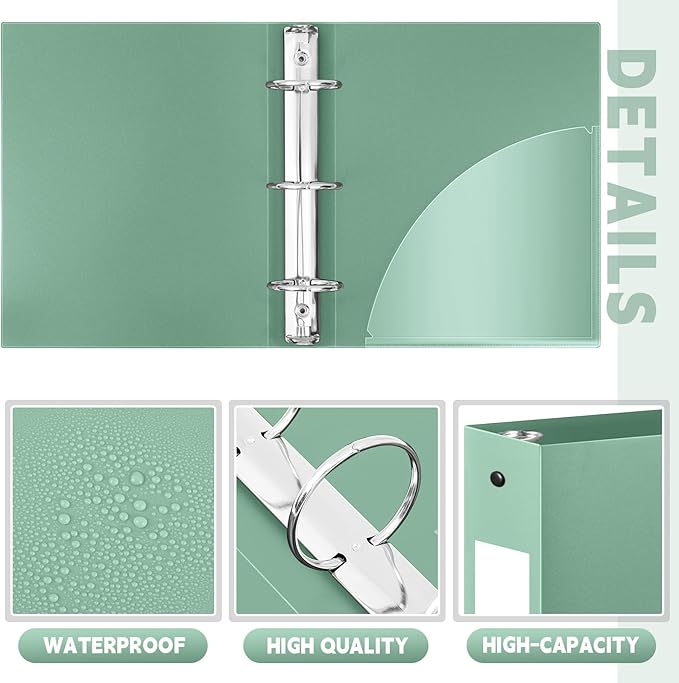 Henoyso 12 Pcs 3 Ring Binder 2 Inch Round Fits Letter Size 8.5'' x 11'' Paper Plastic Flexible Binder Bulk Holds 490 Sheets with 1 Pockets Versatile Organizer for Home Office School (Sage Green)