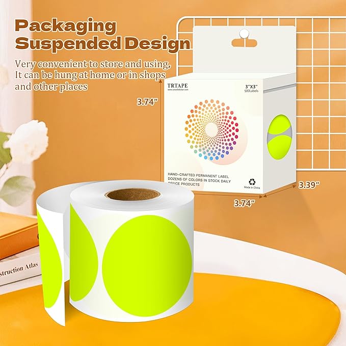 3 Inch Round Color Coding Labels (500 per Roll) - Colored Dot Stickers Round Labels for Inventory, Warehouse, Office Organizing - Fluorescent Yellow Circle Stickers