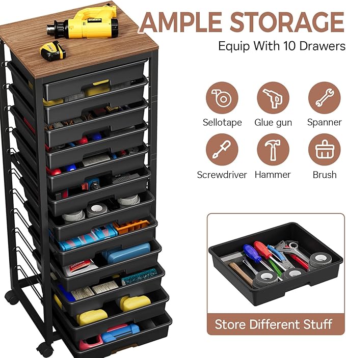 SYKIARIOL Rolling Cart with Drawers,12 Drawer Rolling Cart,Rolling storage cart with drawers,Black Rolling Drawer Cart,Teacher Rolling Cart for Classroom Storage,Craft Cart with Wooden Tabletop