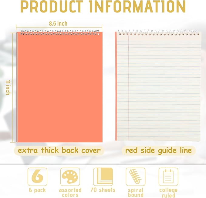 Maitys 6 Pcs Legal Pad Steno Spiral Notebook 8.5" x 11" Top Bound Spiral Pads Hard Cover College Ruled Notepad 70 Sheet Pad for School Office University Home(Lovely Color,Elegant Style)