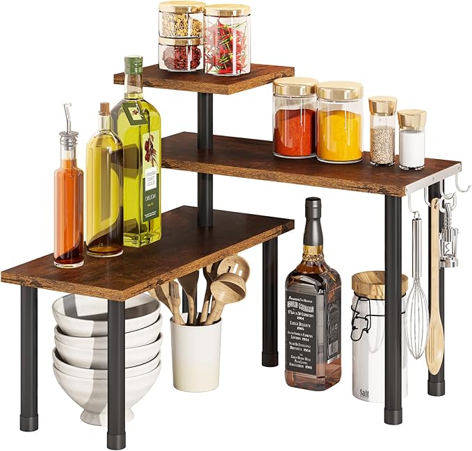 BMOSU Kitchen Corner Shelf Countertop Organizer with Hooks Adjustable Spice Rack Corner Display Rack Shelf Cabinet Counter Shelves(Rustic Brown)