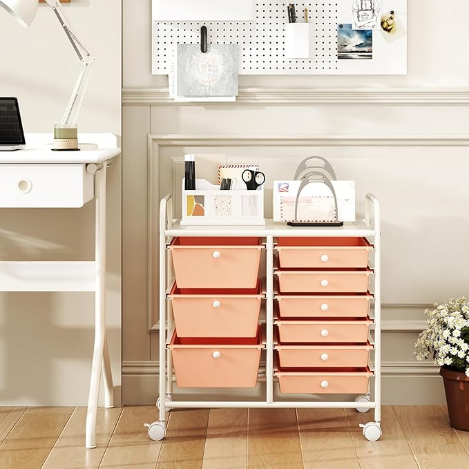 GOFLAME 9-Drawer Rolling Storage Cart, Mobile Utility Cart with Removable Drawers & Metal Frame, Art Craft Organizer Cart with Lockable Wheels, Storage Drawer Cart for Home Office School, Peach Fuzz