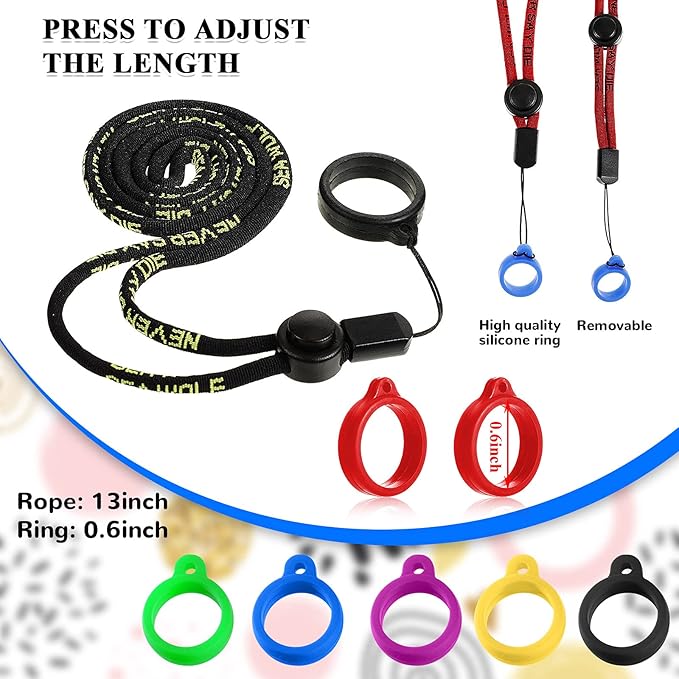 16 Pcs Anti Lost Lanyard Set Include 2 Necklace Lanyards Safety Neck Strap with 14 Silicone Ring Soft Protective Ring (Black, Red)