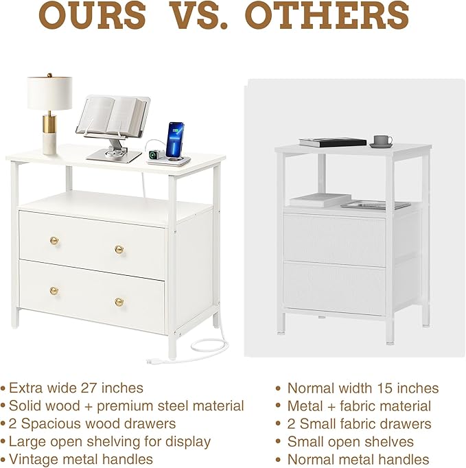 Edbuosy 27 inch Wide Night Stand Set 2 with Charging Station, Bedside Table with Open Shelf, 2 Drawers Small Wood Dresser, Modern Wood Nightstand for Bedroom/Living Room (White)