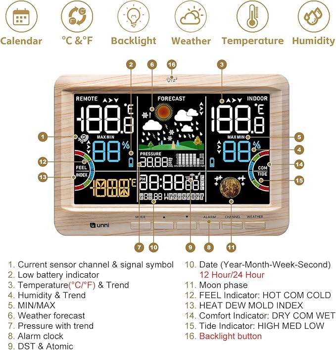 Weather Station Indoor Outdoor Thermometer Wireless, Home Atomic Clock with Large Constant Display, Inside Outside Temperature Humidity Monitor, Dew Heat Point, Barometer Wood