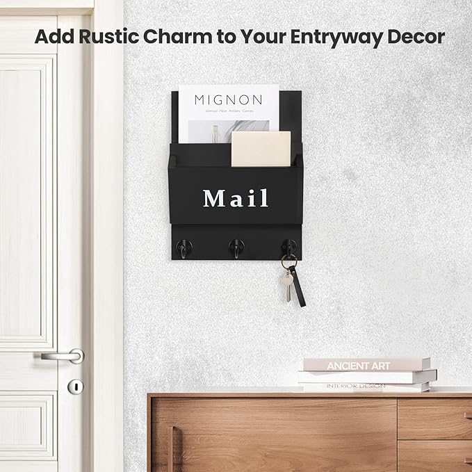 Lucundm Mail and Key Holder - Decorative 9.8" x 12.5" Wall Key Hanger with 2 Mail Organizer Slots and 3 Hooks - Real Paulownia Wood with Keyhole Brackets, Hardware and Instructions (Black)