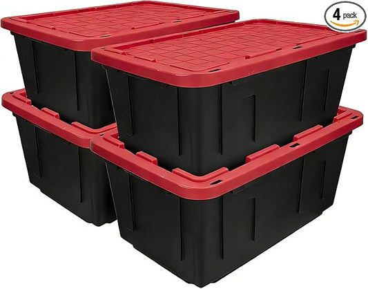 4-Pack Heavy Duty 27 Gallon Plastic Storage Bins with Lids - Stackable Large Storage Totes for Garage, Home Organization & Moving Supplies (Black Bases & Red Lids)