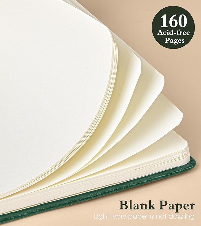 PAIBAS Blank Journal Notebook for Women Men,160 Pages,A5 Hardcover Sketchbook for Drawing, Sketch book, Unlined Notebooks for School,Work, Note Taking,Travel Journals for Writing 5.8"x8.5" (Green)