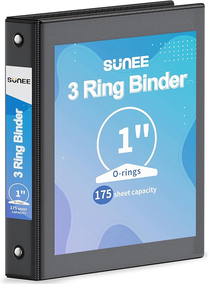 SUNEE 3 Ring Binder 1 Inch 1 Pack, Clear View Binder Three Ring PVC-Free (Fit 8.5x11 Inches) for School or Office Supplies, Black