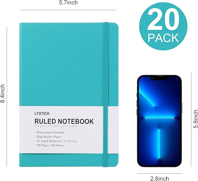 LYDTICK 20 Pack Journals for Writing College Ruled Notebooks Journal in Bulk, Hardcover Notebooks (200Pages) for Note Talking, Lined Bullet Journals for Home School Office, 5.7"x8.4", Emerald
