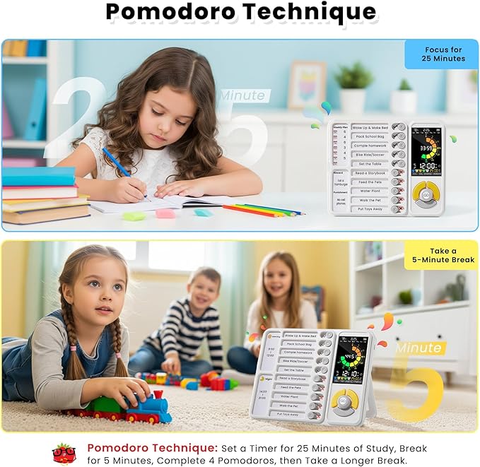 3-in-1 Visual Timer & ADHD Tool for Kids and Adults, 12/24H Silent Task Timer with Chore Chart, Visual Schedule for Children with Autism, Daily Checklist with Pomodoro Timer, Alarm Clock - White