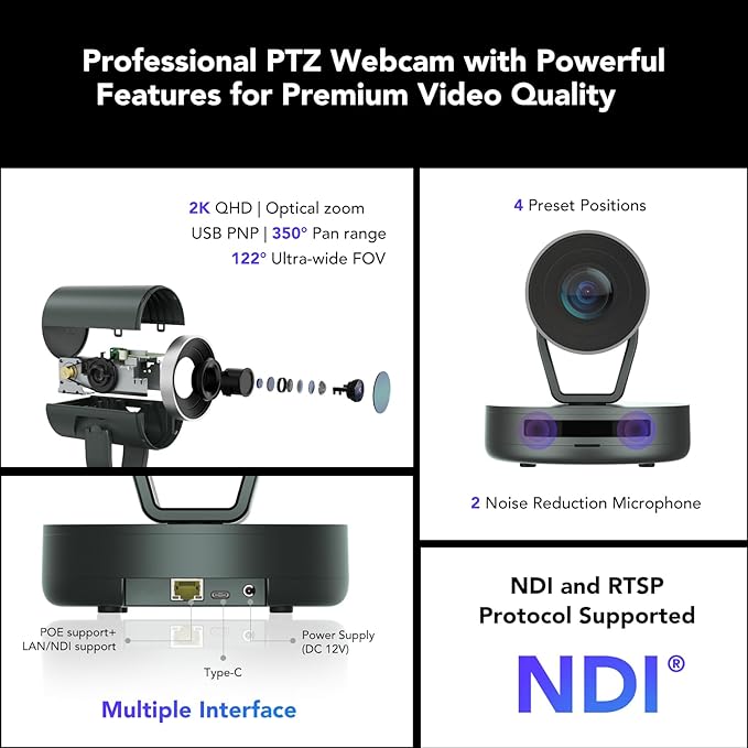 NEARITY V410 NDI PTZ Camera, 2K 10x Hybrid Zoom Video Conference Webcam, AI-Powered Noise Cancellation, 4 Preset Positions, 350° Pan&60° Tilt, 120° FOV, Remote Control for Zoom/Teams/Google Meet