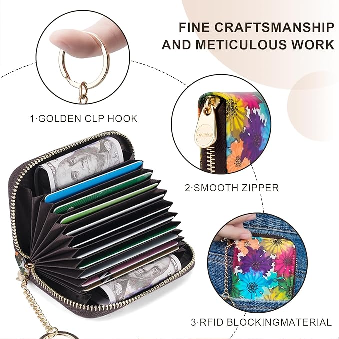 APHISON RFID Credit Card Holder Wallets for Women Leather Zipper Card Case for Ladies Keychain Wallet