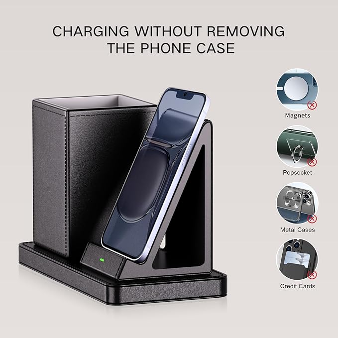 Multi-Functional Pen Holder for Desk,Black Vegan Leather Desk Organizers with Remote Control Holder,Pencil Holder for Desk,Desk Organizer with Phone Wireless Charger for Office/Nightstand/Endtable