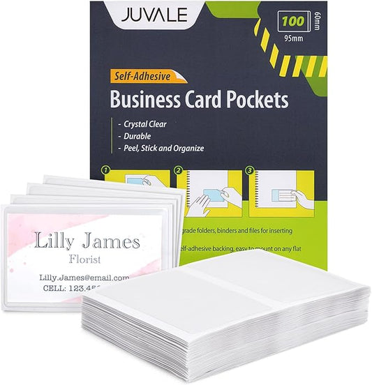 Juvale Business Card Holder Sleeves - Secure Adhesive Pockets - Index Card Holder for Notes - Storage Bin Labels & Clear Pocket Sleeves - Clear Plastic, 3.75 x 2 in, Pack of 100