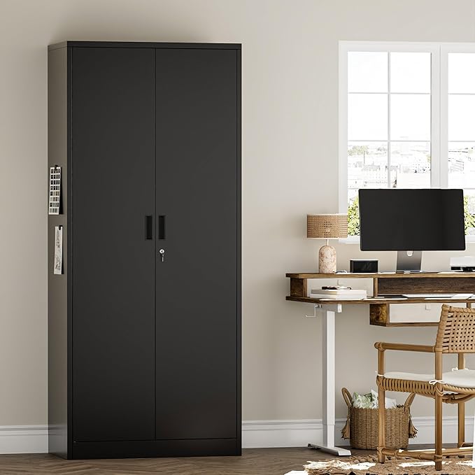 TaskStorz Metal Garage Storage Cabinets,71” Tall Metal File Cabinet with 5 Adjustable Shelves, Lockable Storage Cabinets for Office, Home, Garage, Warehouse 71" H x 32" W x 16" D (Black)