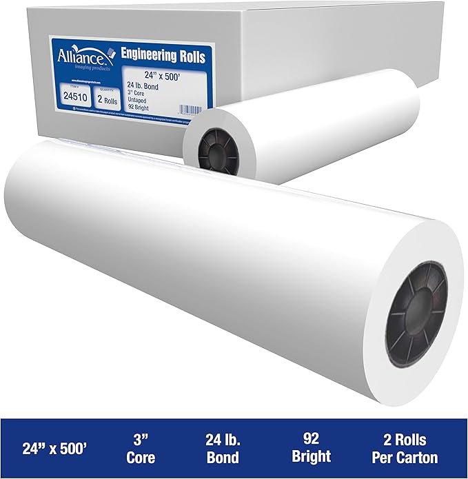 Alliance Wide Format Paper 24" x 500' Rolls Bond Engineering (24lb | 2 Rolls, 24 In x 500 Ft | 3" Core)