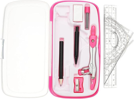 PATIKIL Geometry Precision Tool Set, 11 Pcs Geometry Set Compass Tool with Shatterproof Storage Box Rulers Math Compass Kit for Math Drafting Supplies, Rose Red(Style 2)