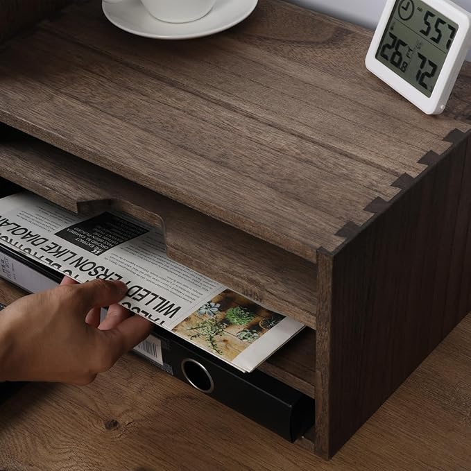 DDYURI 3-Tier Paper Storage Letter Tray File Sorter - Wood Desktop Document Organizer Holders with Mail Sorter, School & Home Magazine File Dividers for Office Accessories Dark(SJ3K-DK)