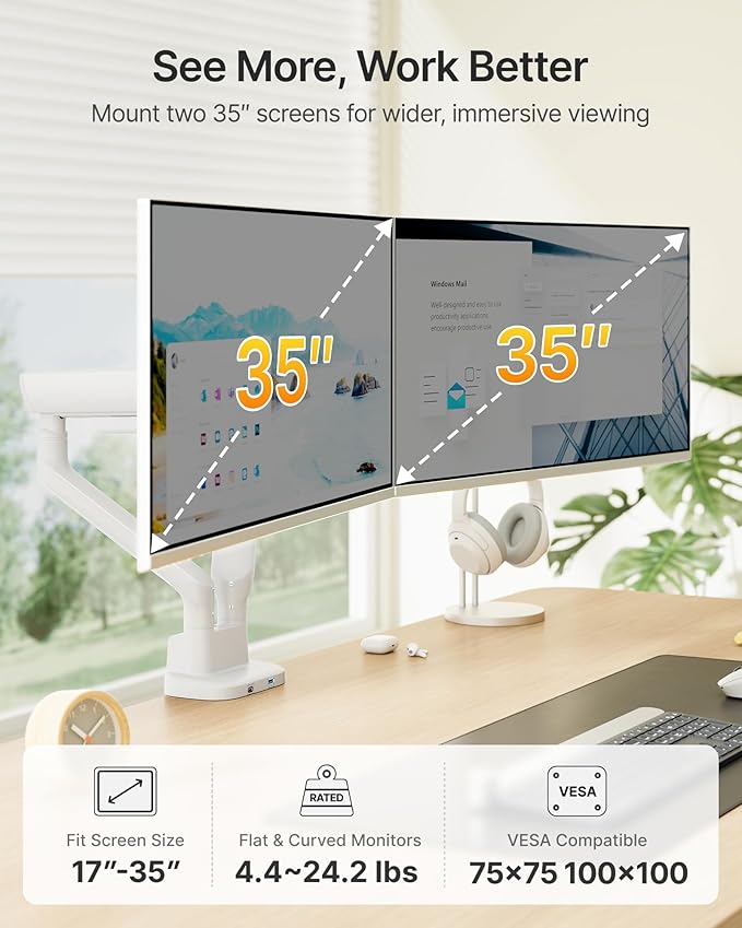 monTEK Dual Monitor Arm with USB, Mechanical Spring Monitor Arm for 17-35" Screens, Adjustable Monitor Desk Mount Each Holds up to 24.2 lbs with C Clamp/Grommet Desk Mount, VESA 75/100mm, MA1011UCWH-D
