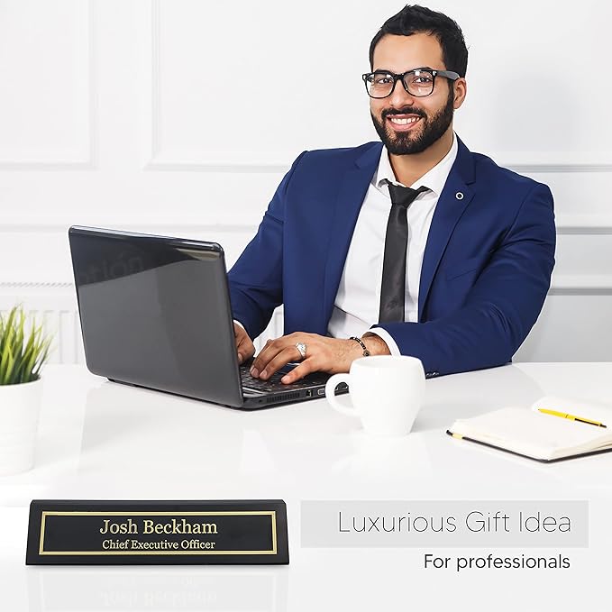 Business Wood Name Plate for Desk | Custom Desk Name Plate Personalized Gift for Office, The Perfect Engraved Name Plaque By Engraving International (2" x 10", Black Piano Finish)