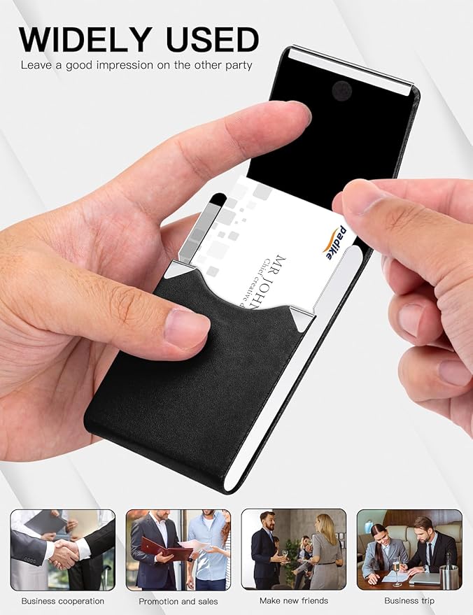 Padike Professional Business Card Holder PU Leather Business Card Case Name Card Holder Slim Metal Pocket Card Holder with Magnetic Shut (Y-Black)