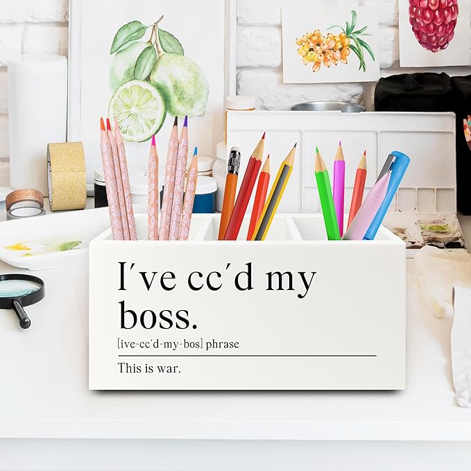 XPH Funny Office Pen Pencil Holder Organizer for Desk, Coworker Gifts for Women Men, I've Cc'd My Boss Funny Wooden Box Sign for Home Office Workplace Desk Tabletop Decorations