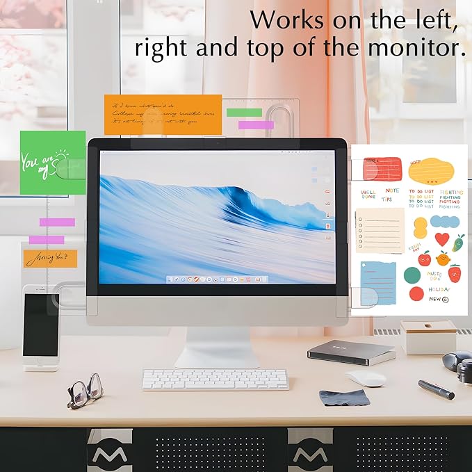 Keenjorika 2PCS Multifunctionnal Monitor Documents Holder, Clear Acrylic Board with Clips, Desktop Message Board for Office with Sticky Note