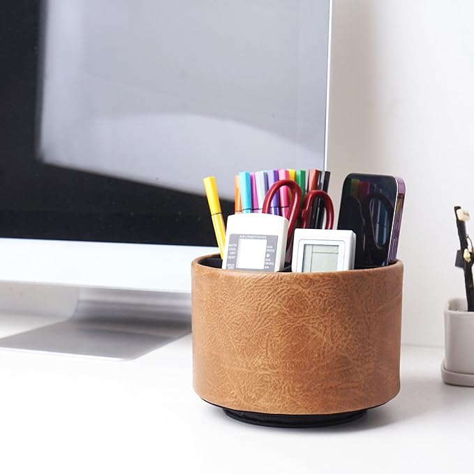 Hennaja Round Leather Art Supply Organizer,Remote Control Holder,360 Degree Spinning,Multi-Functional Pencil Holder,4 Compartments Desktop Stationary Organizer(1-Crazy Brown)