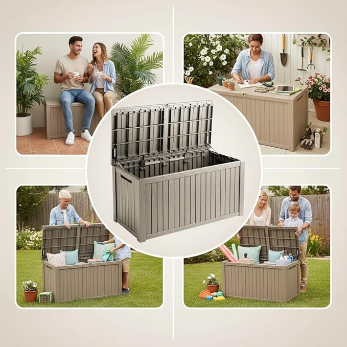 Yardgrace 210 Gallon Outdoor Storage Bench Waterproof - Resin Deck Storage Chest for Patio & Pool, Lockable Outdoor Storage Box for Cushions & Tools, UV-Resistant, Granite Grey