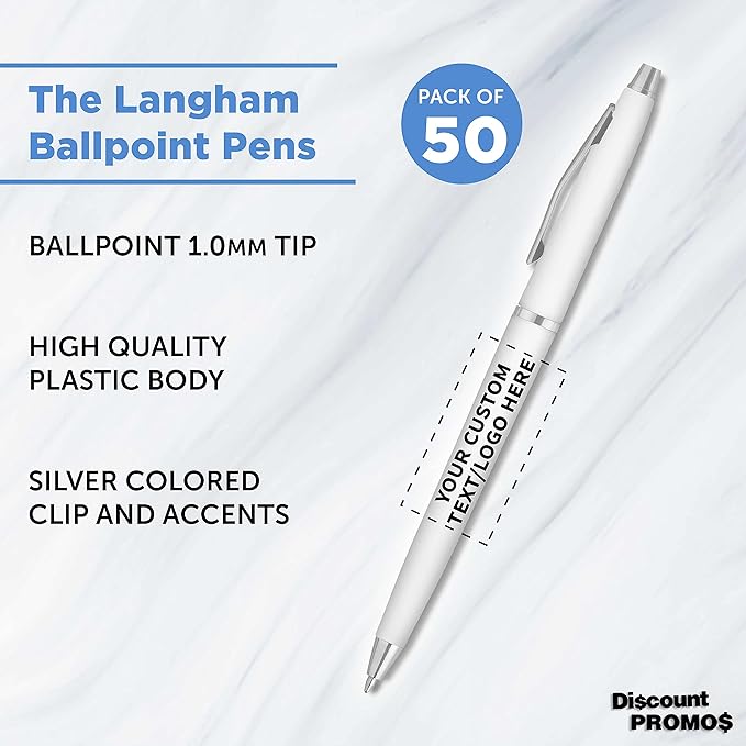 DISCOUNT PROMOS Custom Langham Ballpoint Ink Pen - Set of 50 Writing Pens for Work - Cool Pens for Writing, Black Ink, White