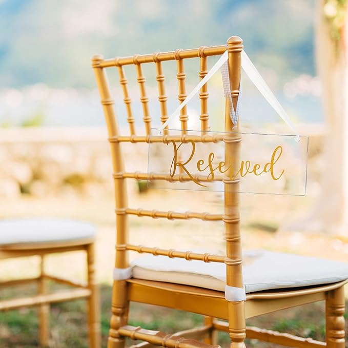 Blulu 6 Pcs Reserved Signs for Wedding Chairs Acrylic Tag Hanging with Ribbon for Wedding Reserved Signs for Important Events Church Pews Chair and Restaurant(Gold)