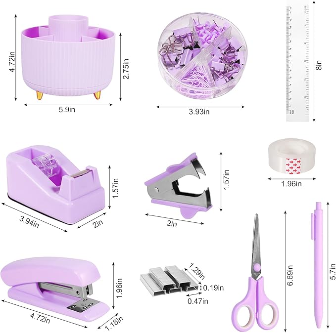 Gawsey Desk Organizers and Accessories Set with 360-Degree Rotating Pen Holder, Tape Dispenser, Stapler, Staple Remover, 1000 Staples, Tape, Clips Set, Ruler, Scissor, Pen