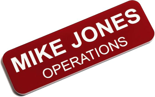 Custom Engraved Name Tag Badges – Personalized Identification with Pin or Magnetic Backing, 1 Inch x 3 Inches, Red/White