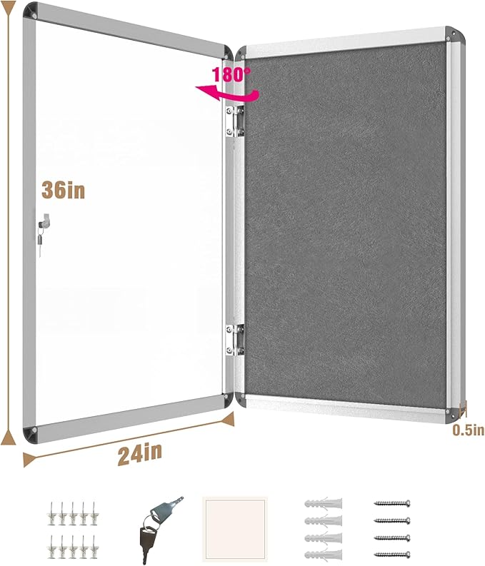 Mifuro 36"x24" Enclosed Bulletin Board, Lockable Weather-Resistant Aluminum Cork Noticeboard for School & Office, Silver Frame w/Grey Flet