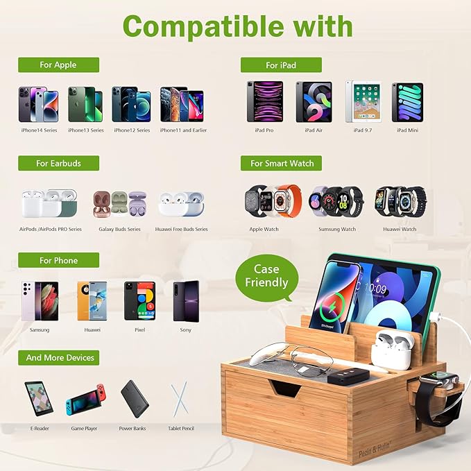 Pezin & Hulin Bamboo Charging Station for Multi Device, with Power Charger & Cables, Nightstand Docking Station with Lined Tray & Drawer, Compatible with Tablet, Cell Phones
