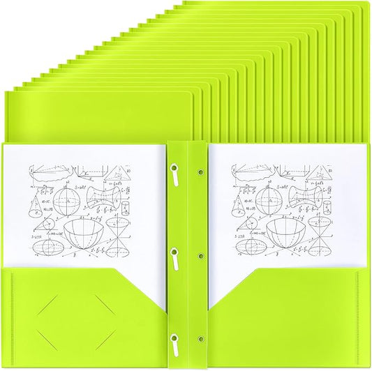 Lincia 100 Pcs Plastic Folders with Pockets and Prong Folders with Prongs 2 Pockets for Office, School for Students, Teachers, Office Workers(Fluorescent Green)