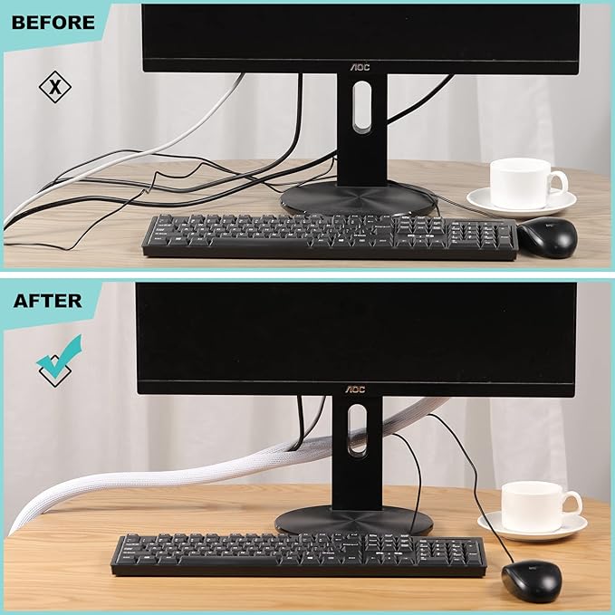 AGPTEK Cable Sleeve Cover, 6.6ft - 1.2 inch Desk Cord Organizer Cable Hider, Home Office Wire Management Computer TV Wire Loom Tubing, Pet Proof Cord Protector, from Cat Dog Chewing, White