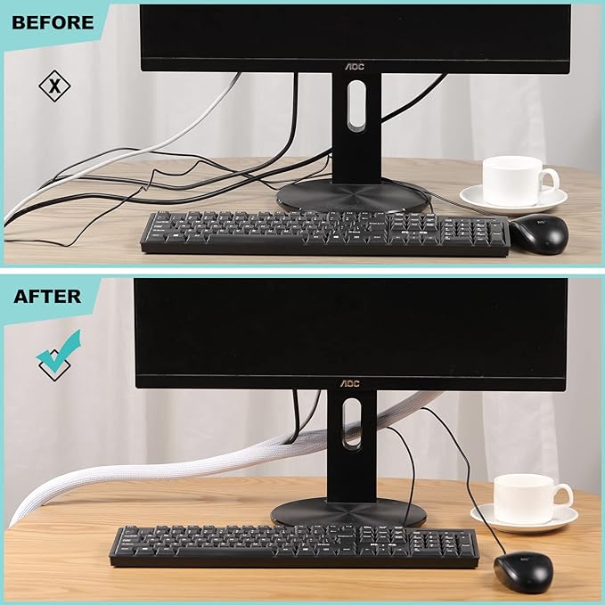 AGPTEK White Cable Sleeve Cover, 2 Pack 5ft - 1.2 inch Desk Cord Organizer Cable Hider, Home Office Wire Management Computer TV Wire Loom Tubing, Pet Proof Cord Protector, from Cat Dog Chewing, White