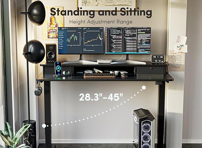 FEZIBO 55 x 24 Inch Height Adjustable Electric Standing Desk with Double Drawer, Stand Up Desk with Storage Shelf, Sit Stand Desk, Black