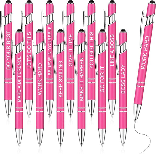 Zonon 12 Pcs Inspirational Pens Bulk Funny Ballpoint Pen with Stylus Tip Motivational Gifts for Valentine's Day Teacher Coworkers Nurse School Office Supplies(Pink,Boss Lady)