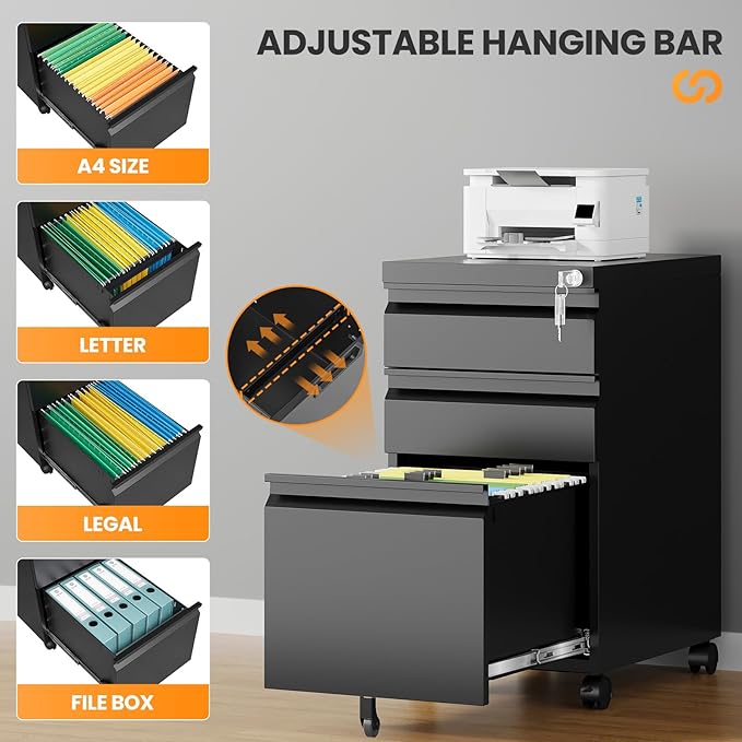 AFAIF 3 Drawer Mobile File Cabinet with Lock, Rolling Filing Cabinets for Home Office, Under Desk Small File Cabinet Three Drawers for Legal/Letter/A4 File, Black - Assembly Required