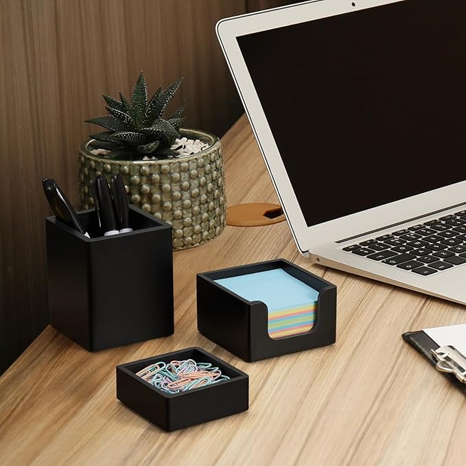 CMLKLZD Black Desk Organizer Set of 3 - Wood Office Desk Accessories - Desk Organizers and Accessories for Women Men - Set incl. Pencil Pen Holder, Paperclip Storage and Sticky Note Holder