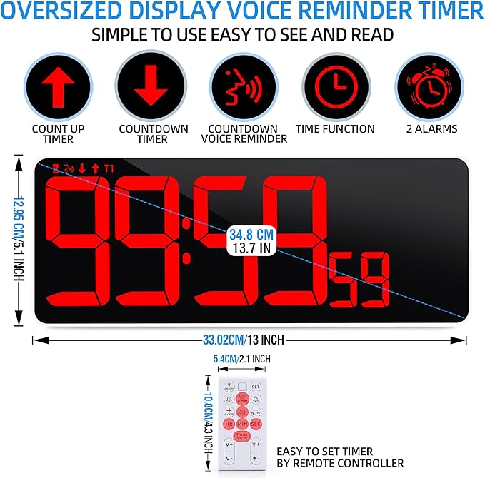 KMMKGG 13.7”Digital Timer Large LED Screen displays（5'' Number）,The Date time, Remote Control, Turn on/Off 10 Seconds Countdown Voice Notification, for Chefs,Students, Children, Seniors