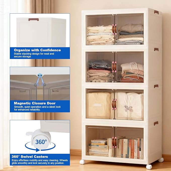 GCCSJ 480QT Stackable Storage Bins with Lids, 120Gal Extra Large Collapsible Storage Box with Wheel, Plastic Storages with Transparent Door for Home Bedroom Kitchen Garage, White