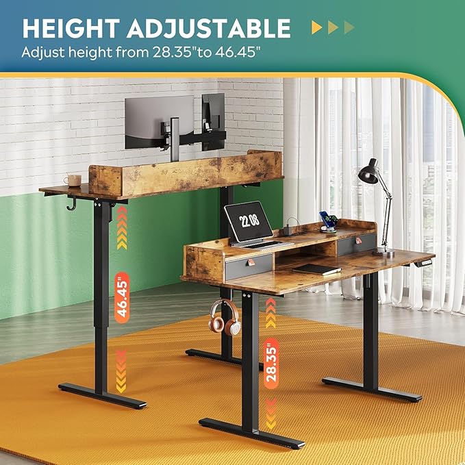 DEVAISE 48×24 Inches Electric Standing Desk with Drawers, Computer Desk with Adjustable Height, Storage Shelf, Built-in Power Outlets, Sit to Stand Desk for Home Office, Rustic Brown