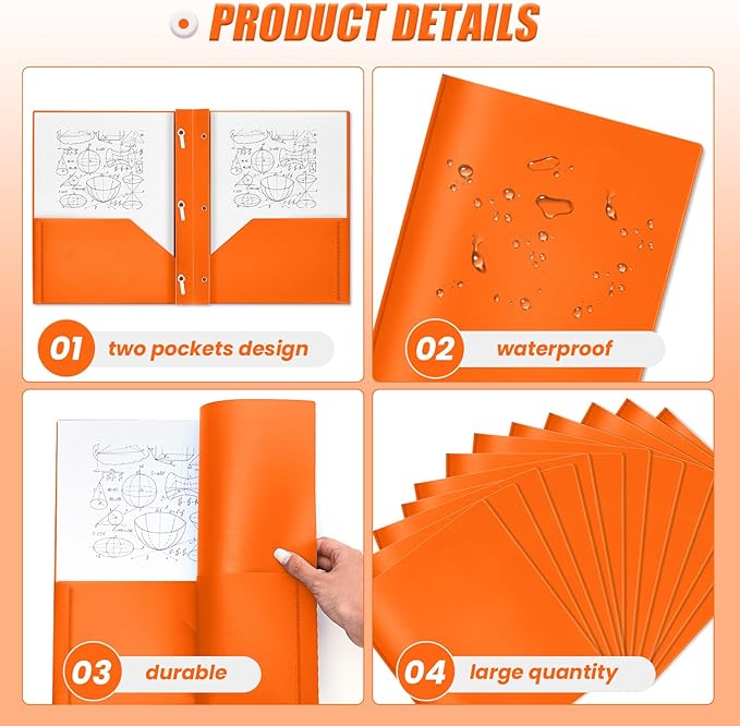 Lincia 100 Pcs Plastic Folders with Pockets and Prong Folders with Prongs 2 Pockets for Office, School for Students, Teachers, Office Workers(Orange)